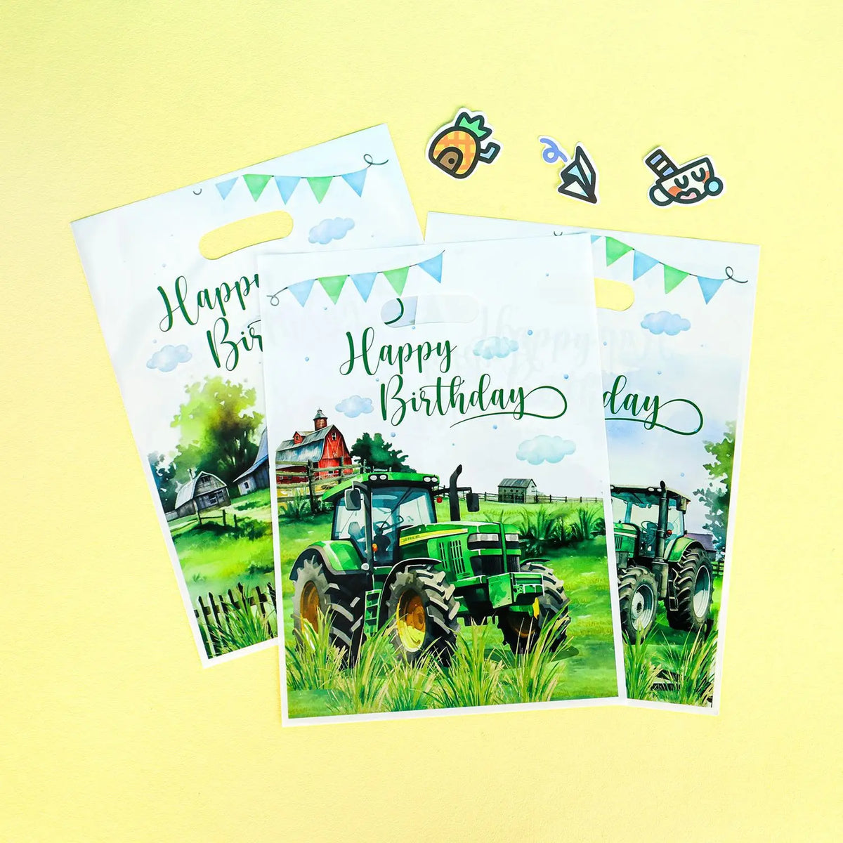 sacs cadeau anniversaire tracteur fermier poignées détachables paysage rural animaux couleurs happy birthday 17x25cm