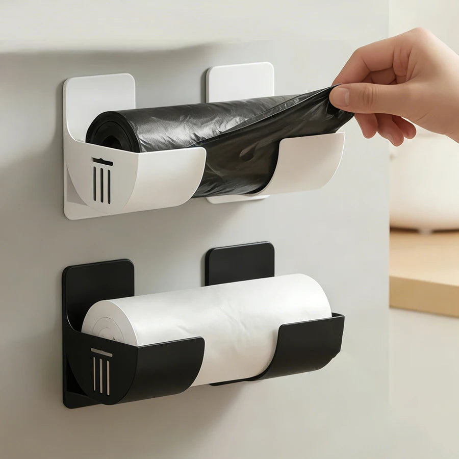 porte sacs poubelle porte serviettes blanc moderne adhésif réglable cuisine rangement minimaliste