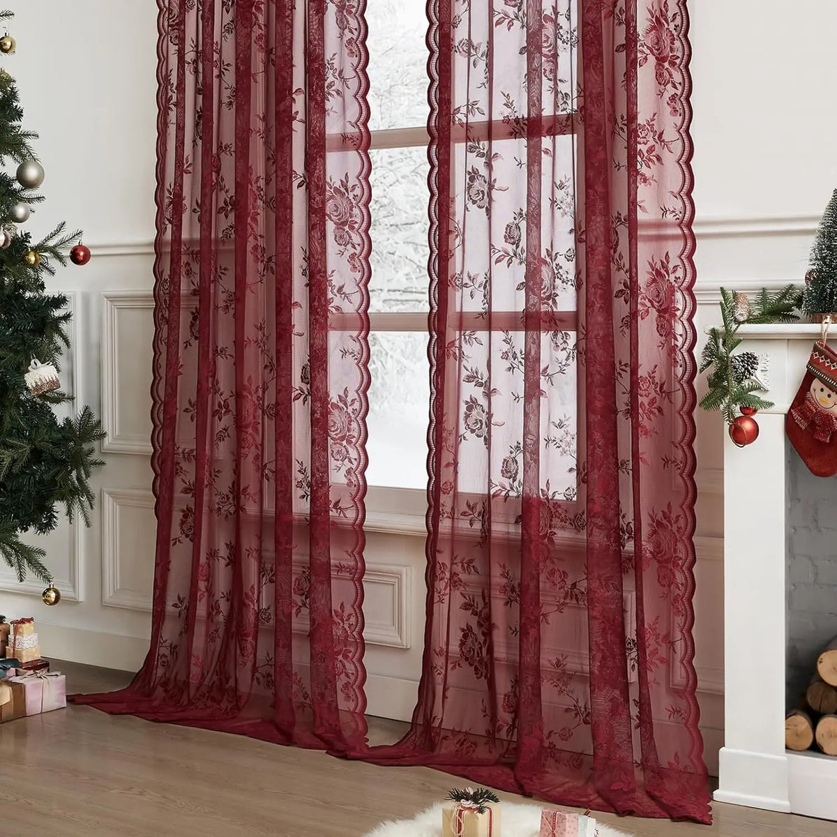 rideaux floral roses translucides décoration noël tringle salon