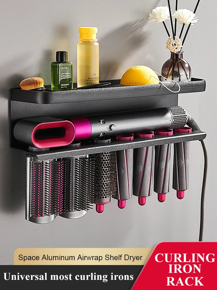 étagère mural moderne aluminium noir clips cheveux organisation salle bain cheveux brosse parfum