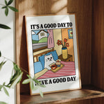 affiche murale chat illustration minimaliste cadre aluminium blanc bleu rose beige