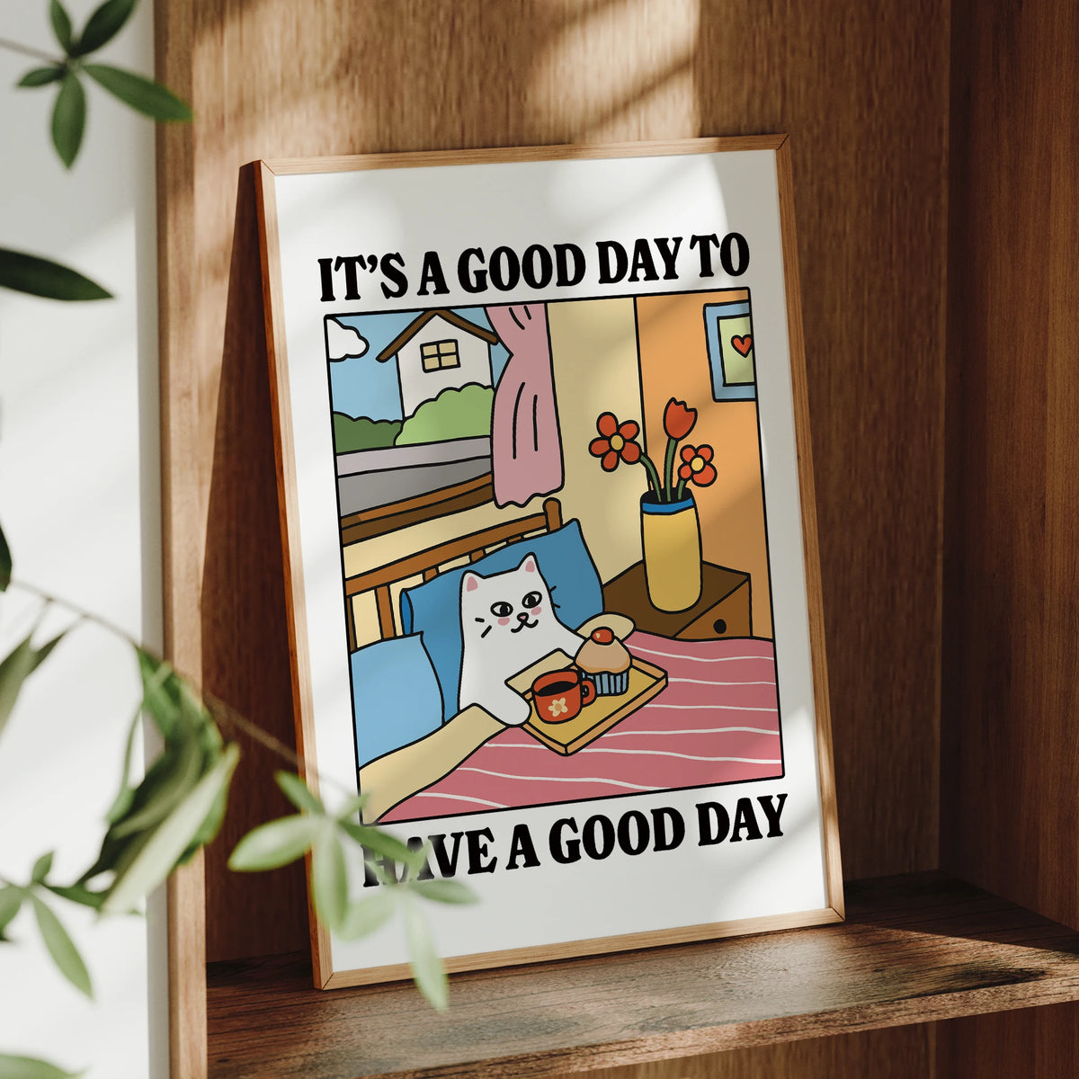 affiche murale chat illustration minimaliste cadre aluminium blanc bleu rose beige