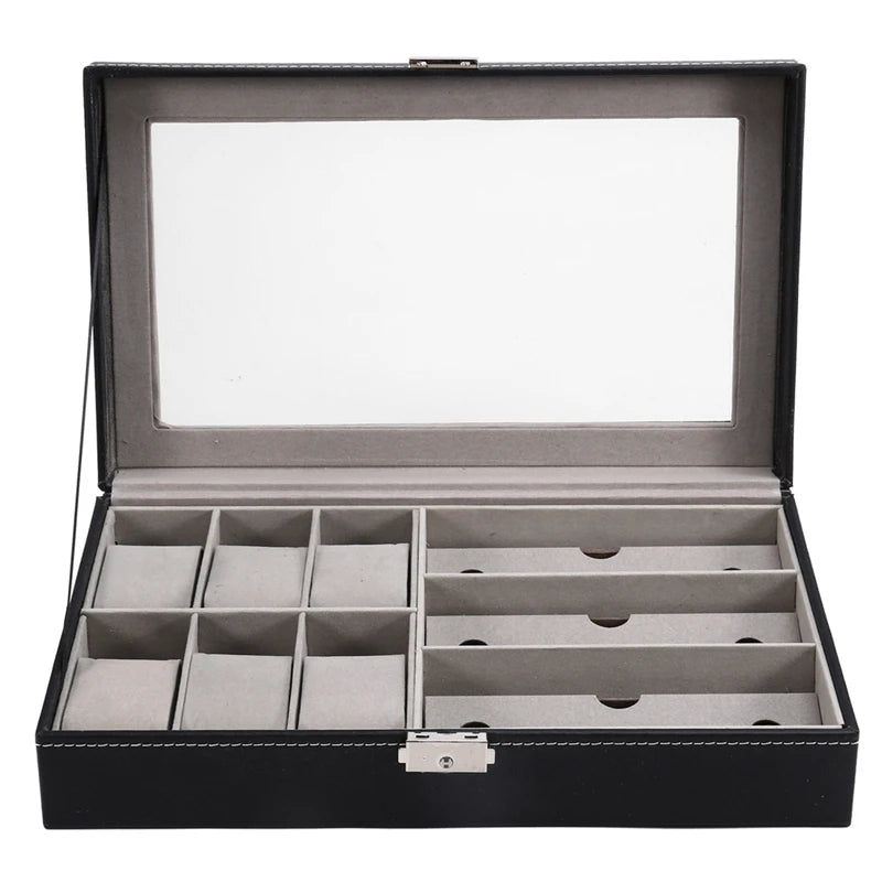 boîte rangement montres lunettes simili cuir noir moderne cadenas sophistiquée organisation sécurité elegance
