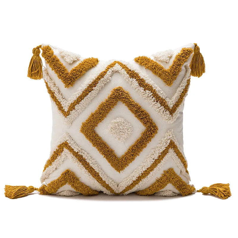 coussin beige géométrique frange boho chic intérieur décoration maison lavable
