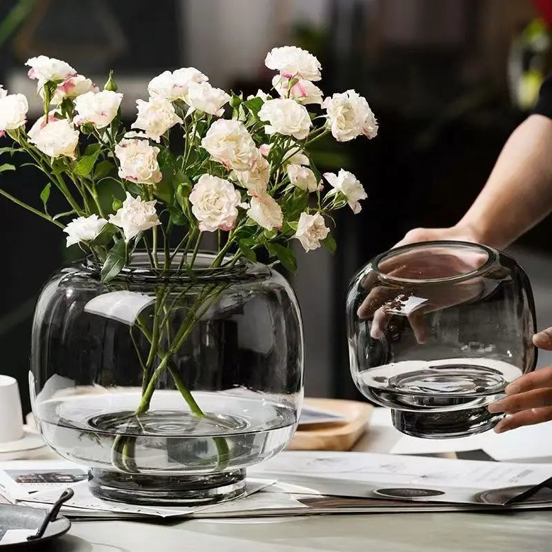 vase verre moderne transparent simple grande bouche table salon fleur hydroponie ornement double usage