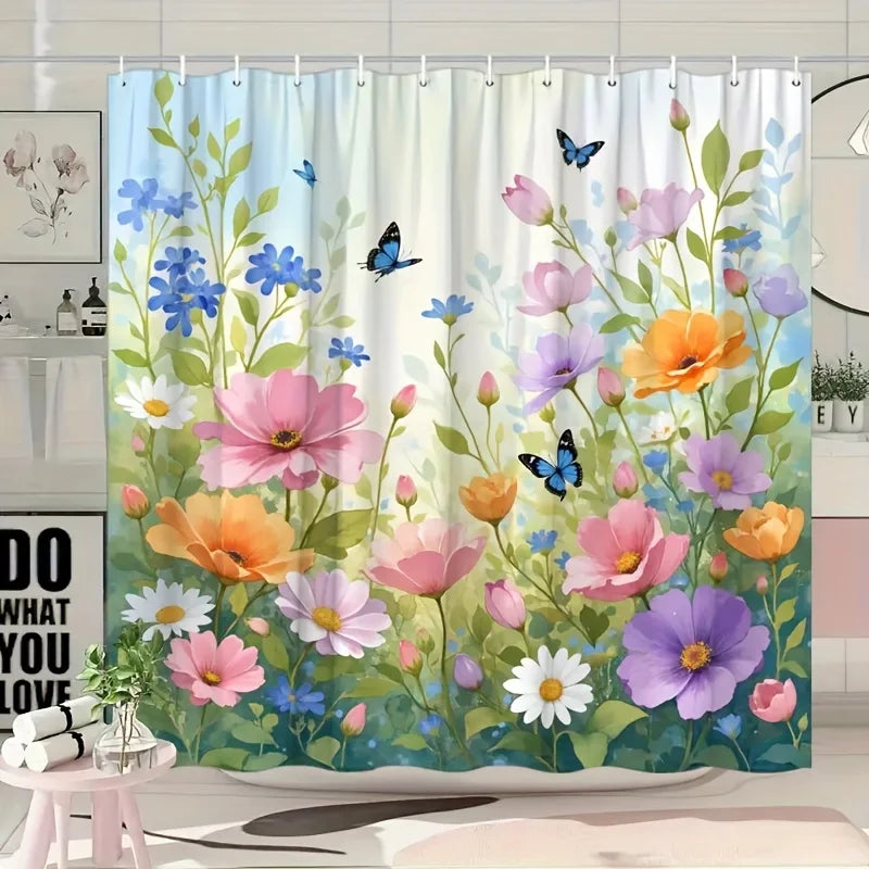 rideau douche fleurs papillons multicolore moderne opacité métalliques durables blanc bleu rose orange violet