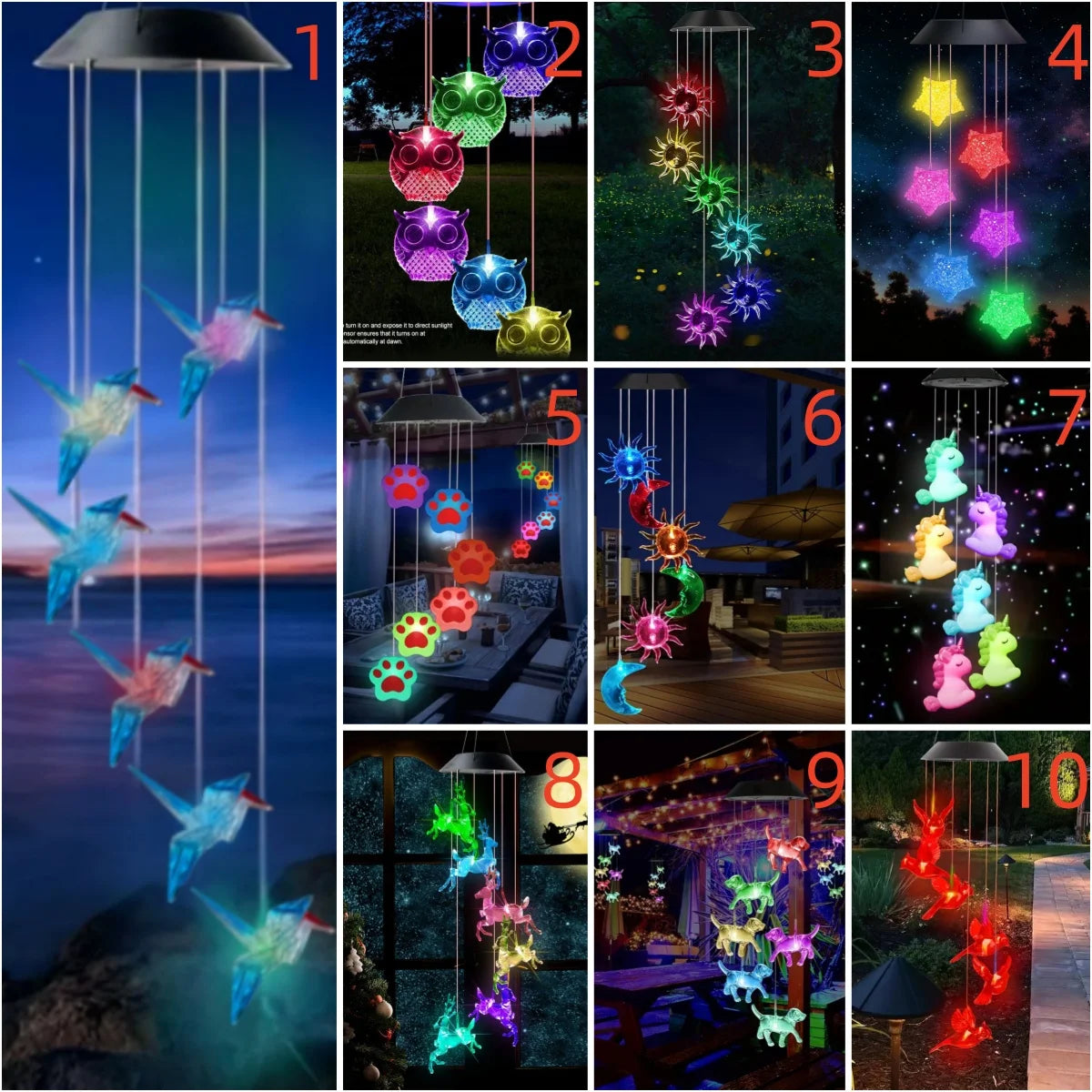 Mobiles solaires oiseaux chauves souris licornes chiens étoiles lunes cerfs bleu vert rouge jaune