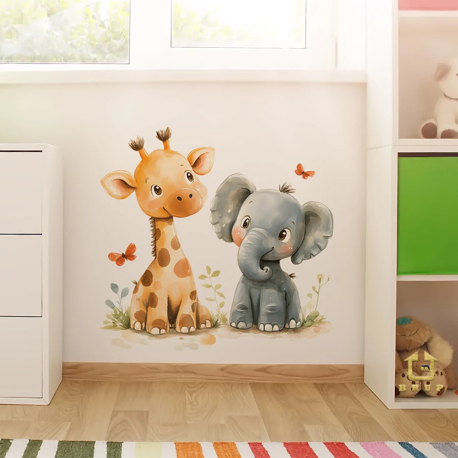 sticker mural animal girafe éléphant papillon feuille enfant chambre décoration intérieure imperméable autocollant