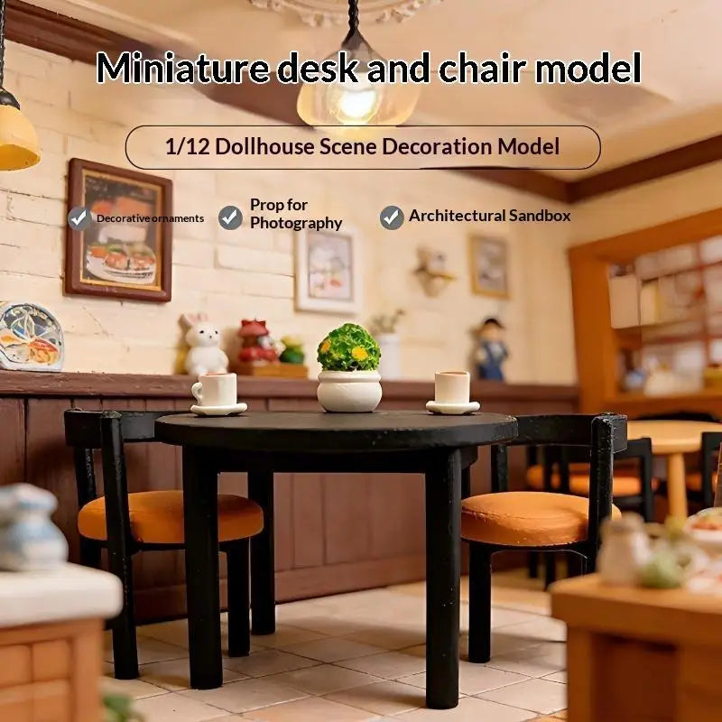 meubles deco miniature table ronde chaises noir orange texture bois moderne set poupées accessoire