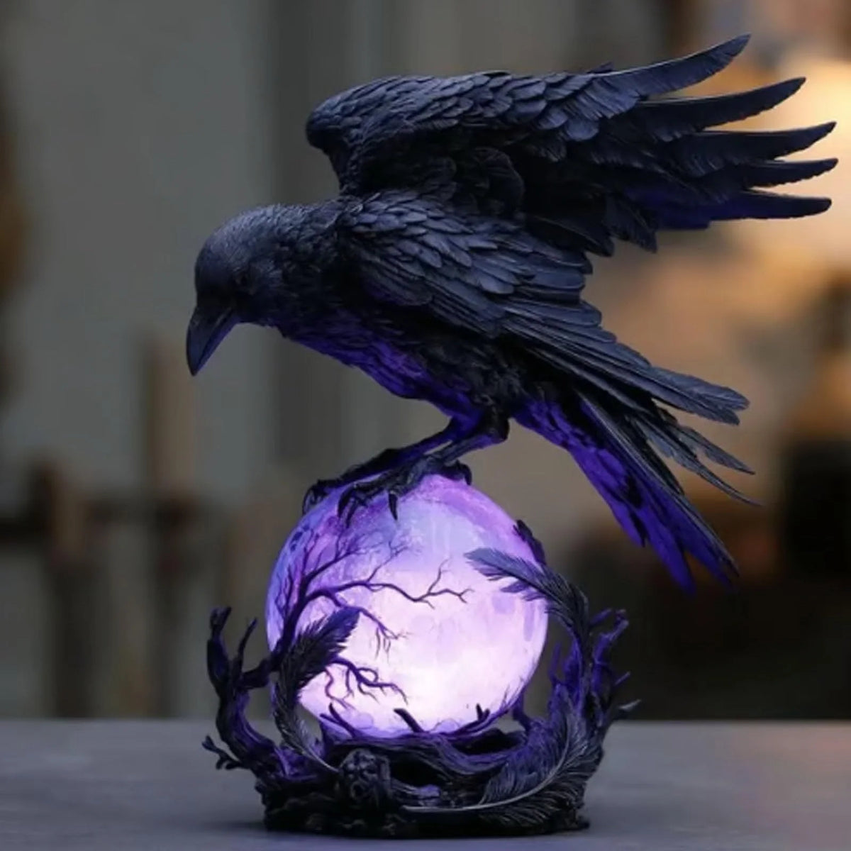 veilleuse gothique corbeau plume noir sphère lumineuse branchues fantaisie halloween anniversaire