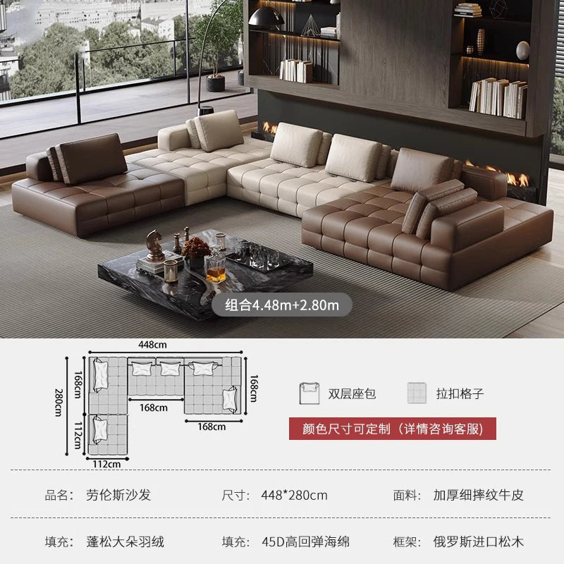 grand canapé angle cuir marron moderne coussins salon appartement luxe