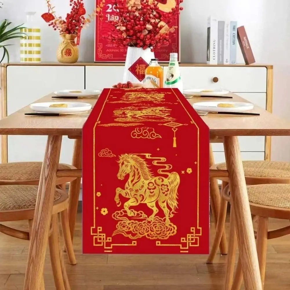 table cuisine rouge dorée motif chinois chevaux fleurs nouvelle année festive