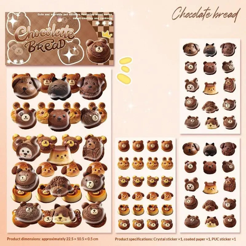 stickers 3d relief transparents pain ours bébé chat marron beige doré scrapbooking téléphone