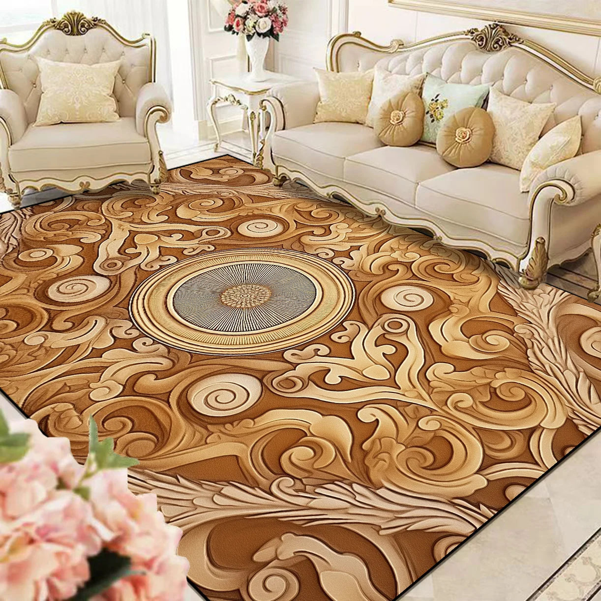 Ce sol en bois sculpté avec des motifs floraux et géométriques ornementaux créé une atmosphère élégante et luxueuse dans cette pièce aux meubles vintage.