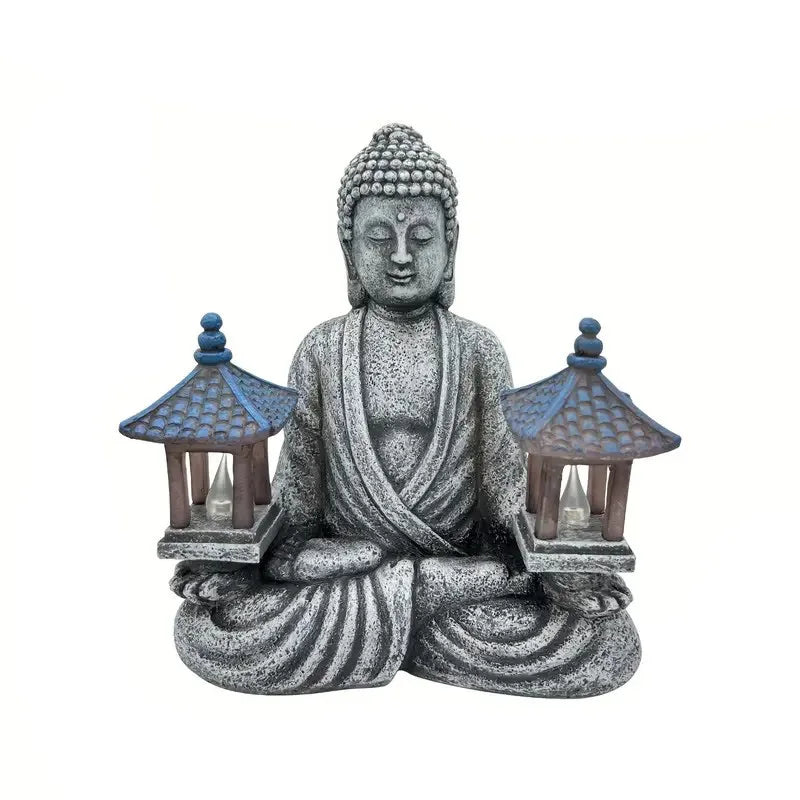 statue bouddha résine gris jaune bleu lanternes solaires zen décoration intérieure extérieure vieilli aspect