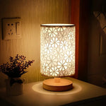 lampe table moderne blanc beige bois fleurs découpées câble usb interrupteur minimaliste chambre table