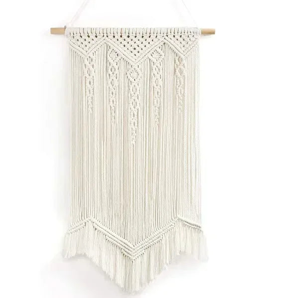 tapisserie macramé boho chic beige motifs géométriques franges moderne suspension maison