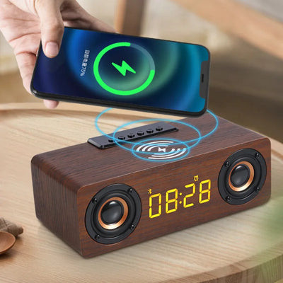 Réveil rétro en bois marron avec haut-parleur Bluetooth et affichage LED