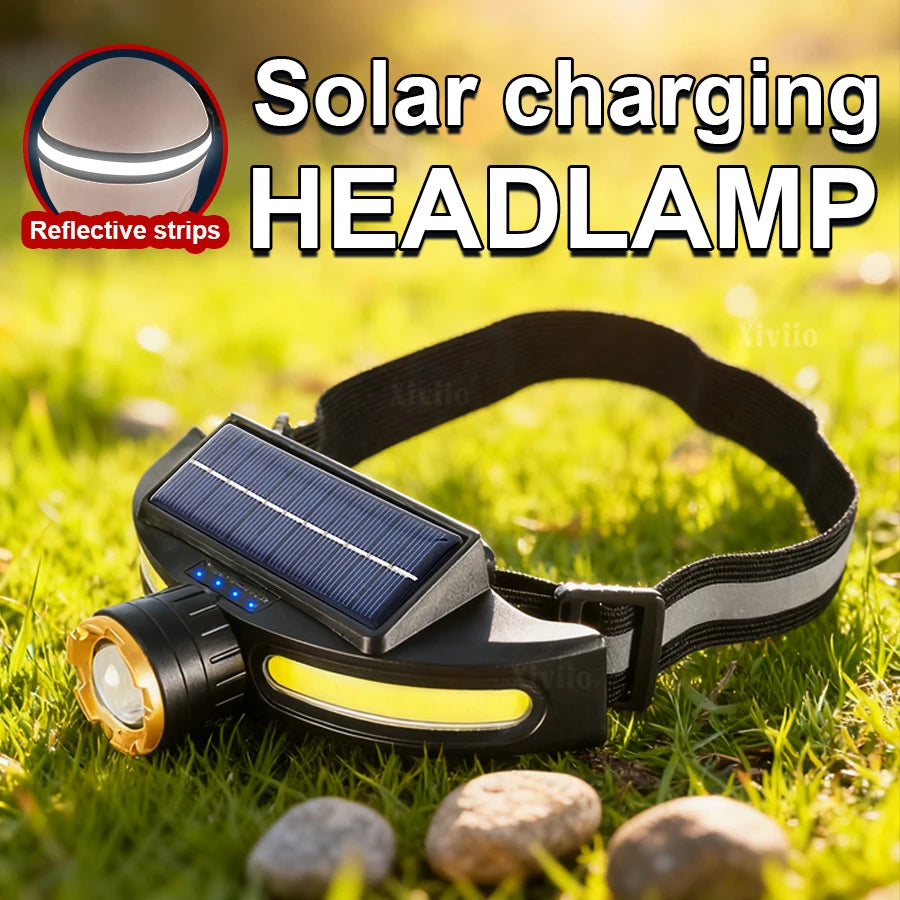lampe frontale solaire rechargeable led noir bleu doré étanche randonnée pêche modulaire ceinture ajustable