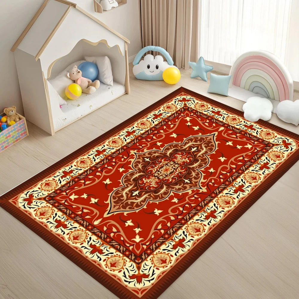 tapis rouge bleu beige traditionnel motifs floraux géométriques velours antidérapant intérieur extérieur