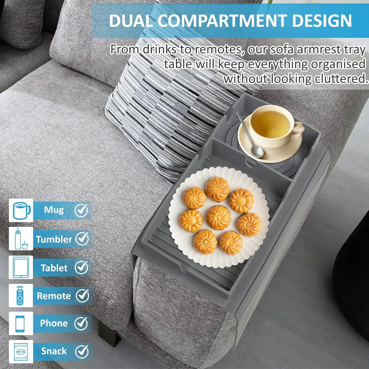 plateau silicone gris rainuré moderne plateau accoudoir canapé rangement tasses collations télécommande