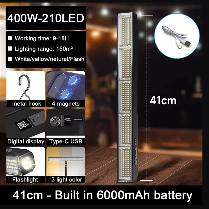 lampe travail led rechargeable aimant noir moderne multifonctionnelle 400w ip66 étanche usb