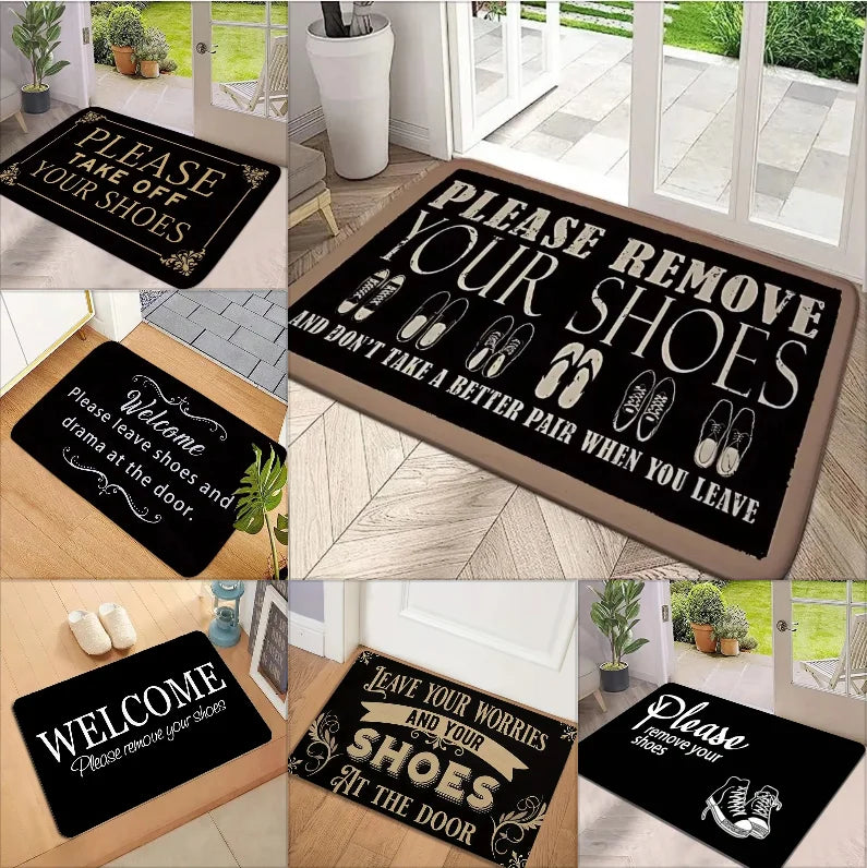 tapis d'entrée moderne antibactéries antirides antidérapant noir motifs floraux textes chaussures salon
