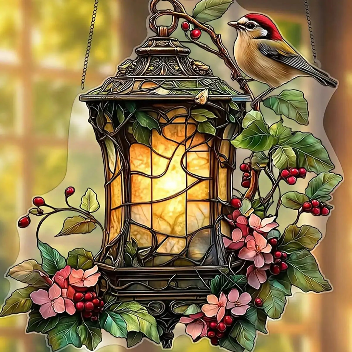 décoration suspendue lanterne oiseau feuilles fleurs champêtre floralextérieur jardin balcon cadeau fête
