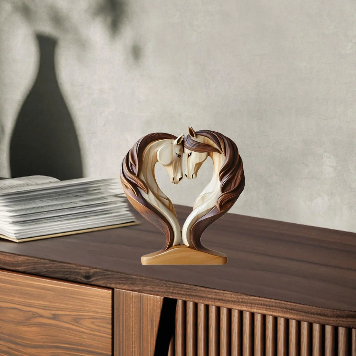 ornement décoration table chevaux forme cœur sculpture métal beige marron artistique moderne