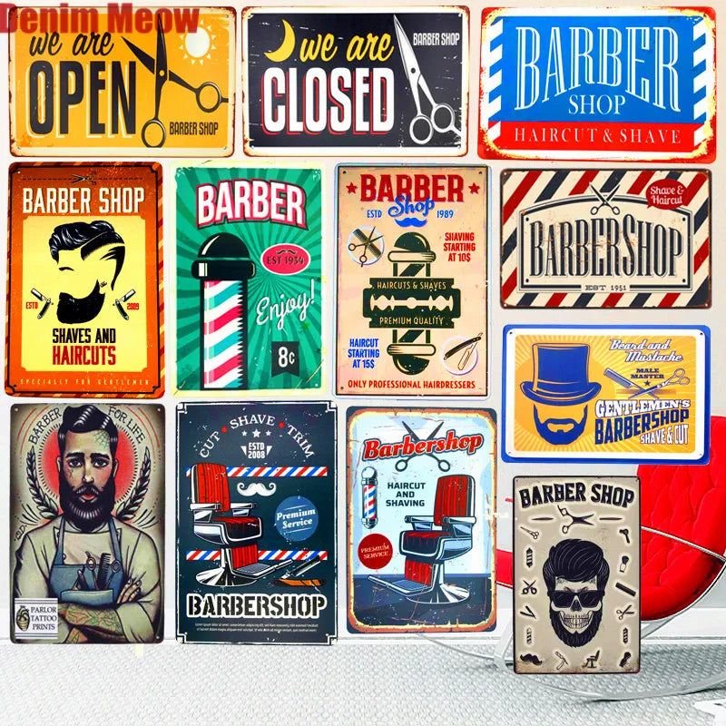 plaque metallique vintage decoration salon coiffure barbershop motif retro orange noir beige murale