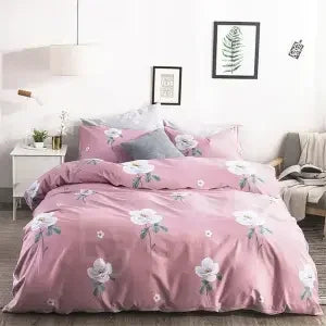 ensemble literie moderne housse couette drap plat taies oreiller fleurs gris rose blanc