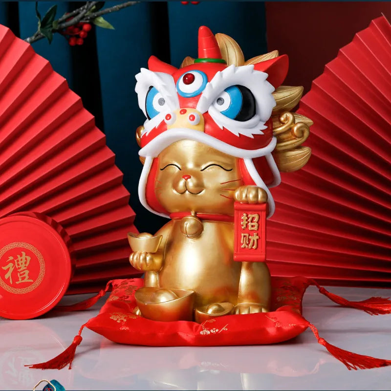 statue chat lion chinois blanc or rouge festive desktop decoration