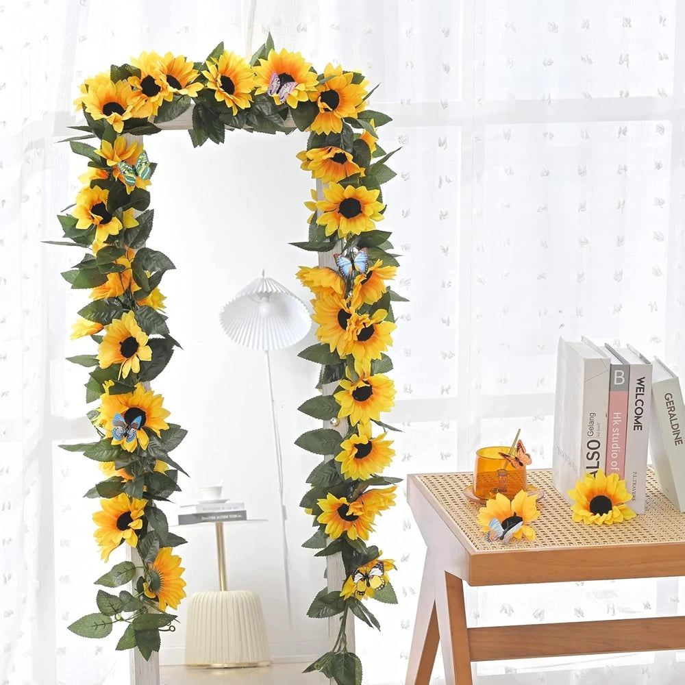 guirlande fleurs tournesol jaune vert feuilles naturelle decoration exterieure mariage anniversaire maison