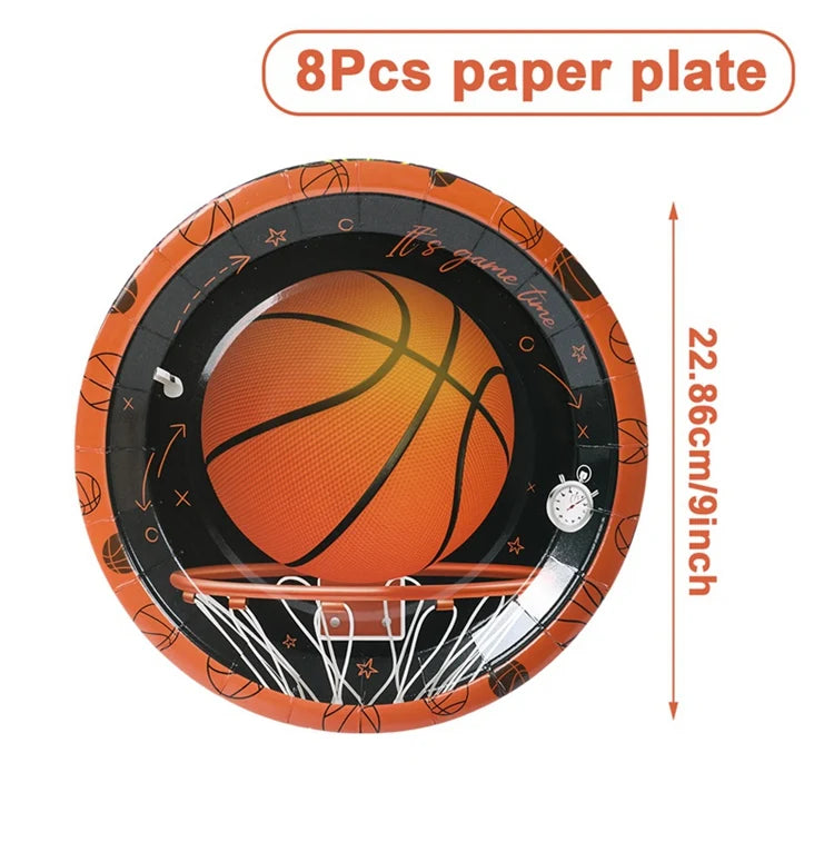 décoration fête anniversaire basket ball assiettes gobelets serviettes guirlande ballon bouteille table orange noir