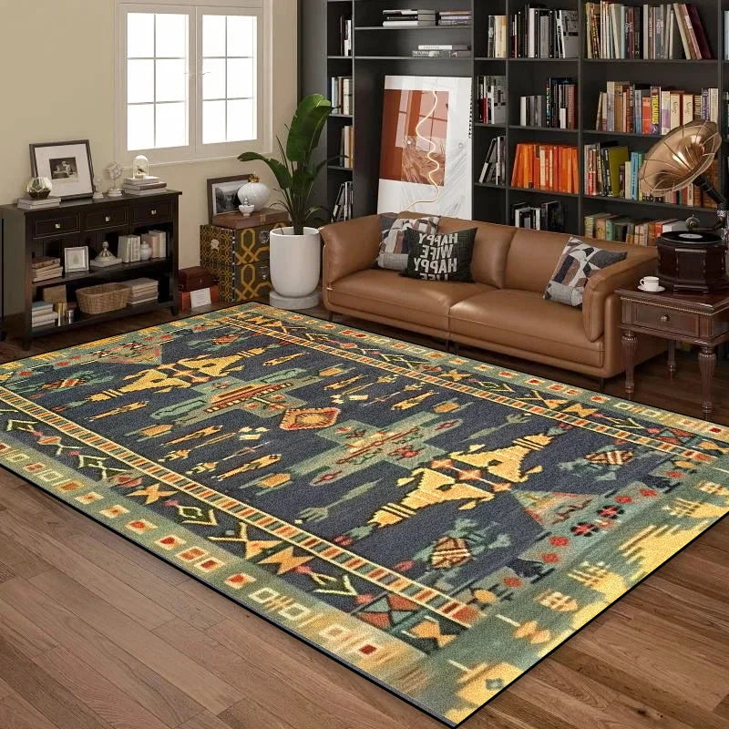 Un tapis aux motifs géométriques colorés, posé sur un sol en bois dans un salon moderne avec des étagères et un canapé en cuir.