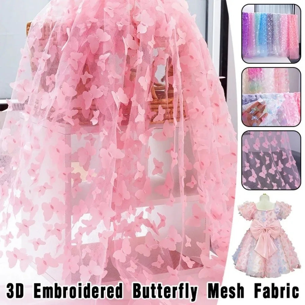 tissu brodé 3D papillons arc ciel noir rose bleu translucide couture décoration mariage