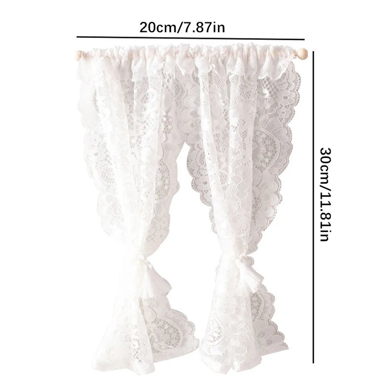 rideau dentelle miniature rideaux blanc ivoire franges rubans romantique vintage shabby chic tringle bois