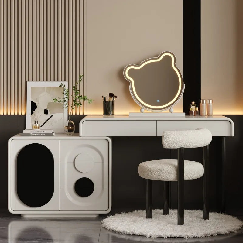 meuble maquillage blanc moderne plateau tabouret vase bouteilles parfum écologique bois.storage minimaliste