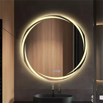 miroir mural moderne blanc doré rond éclairé led anti buée clips touches mémoire couleur