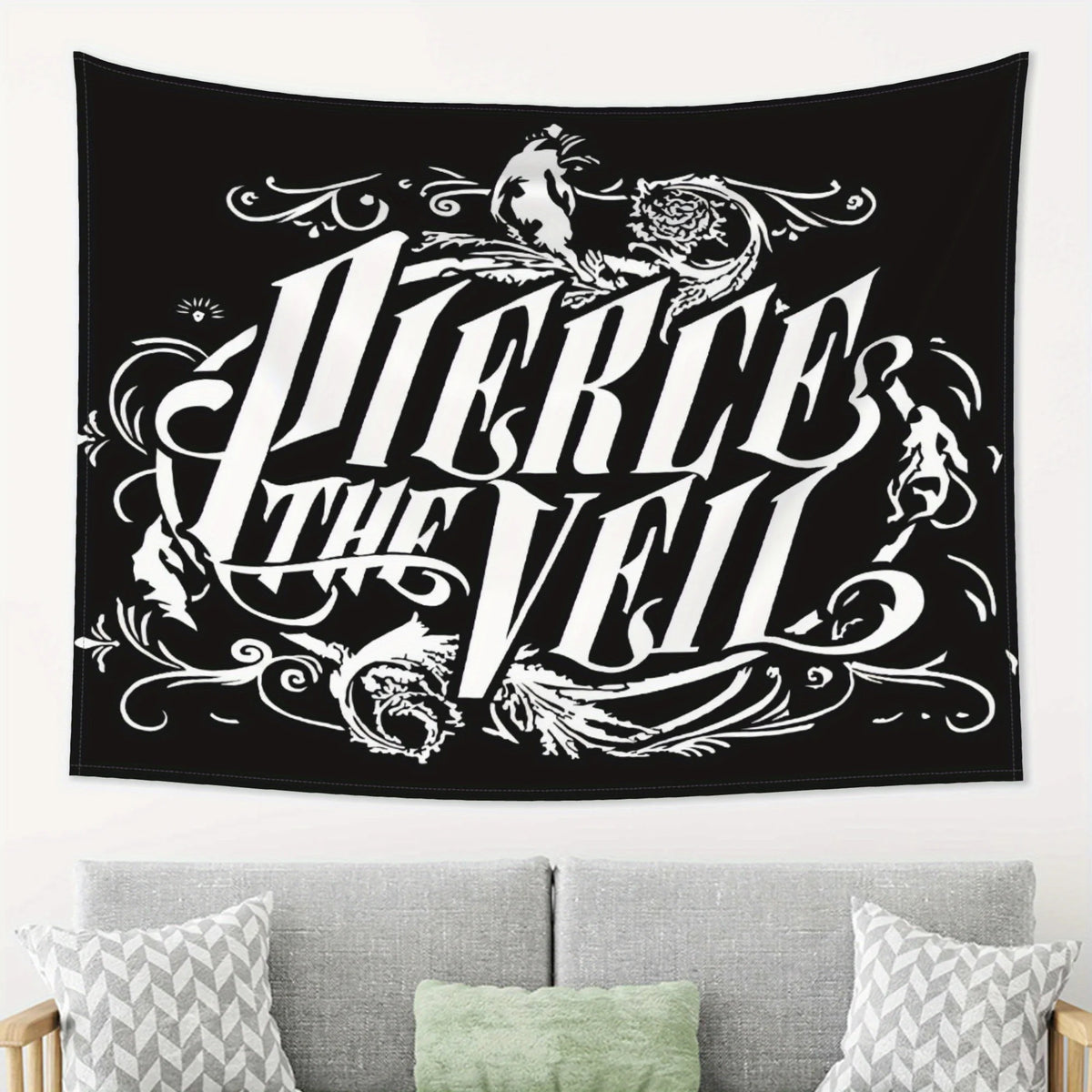 tapisserie moderne graphique noir blanc lettrage stylisé décoration maison audacieux 150x200cm 180x280cm