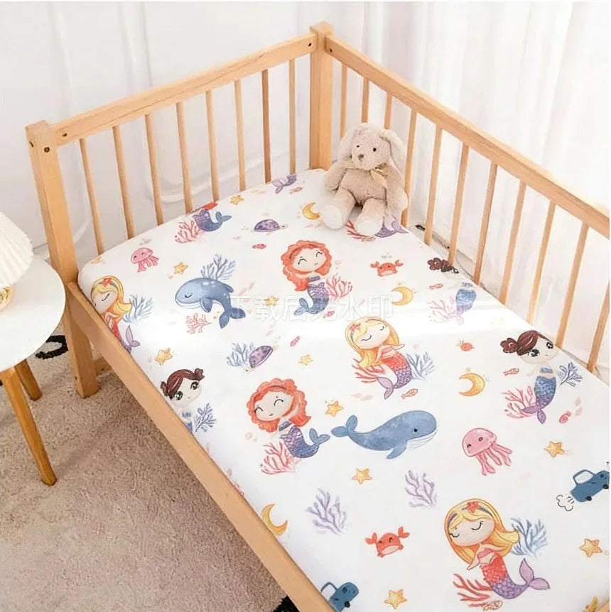 drap housse lit bébé coton motif oiseau étoile enfant chambre moderne blanc jaune gris