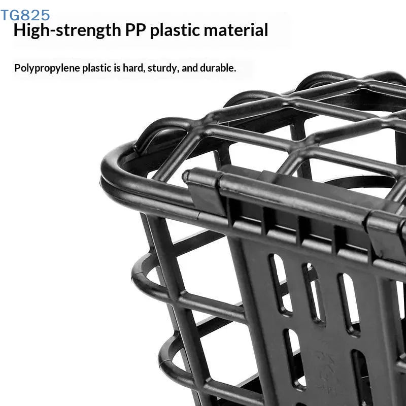 panier avant vélo électrique noir structure grille couvercle poignée fixations utilitaire rangement sac plastique