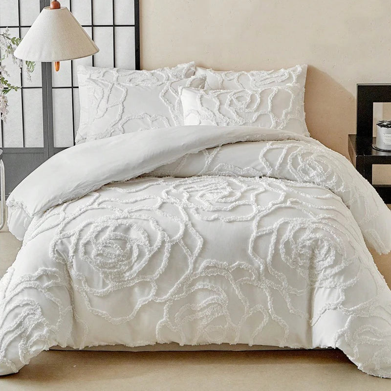 housse couette taies d'oreiller 3pc rose brodée franges classique lit king size polyester Jacquard
