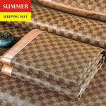 matelas sommeil rotin bambou beige marron carreaux géométriques coussins lit double