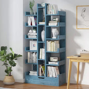 étagère moderne minimaliste tiroir livres vases figurines plantes jouets chambre enfant bleu blanc