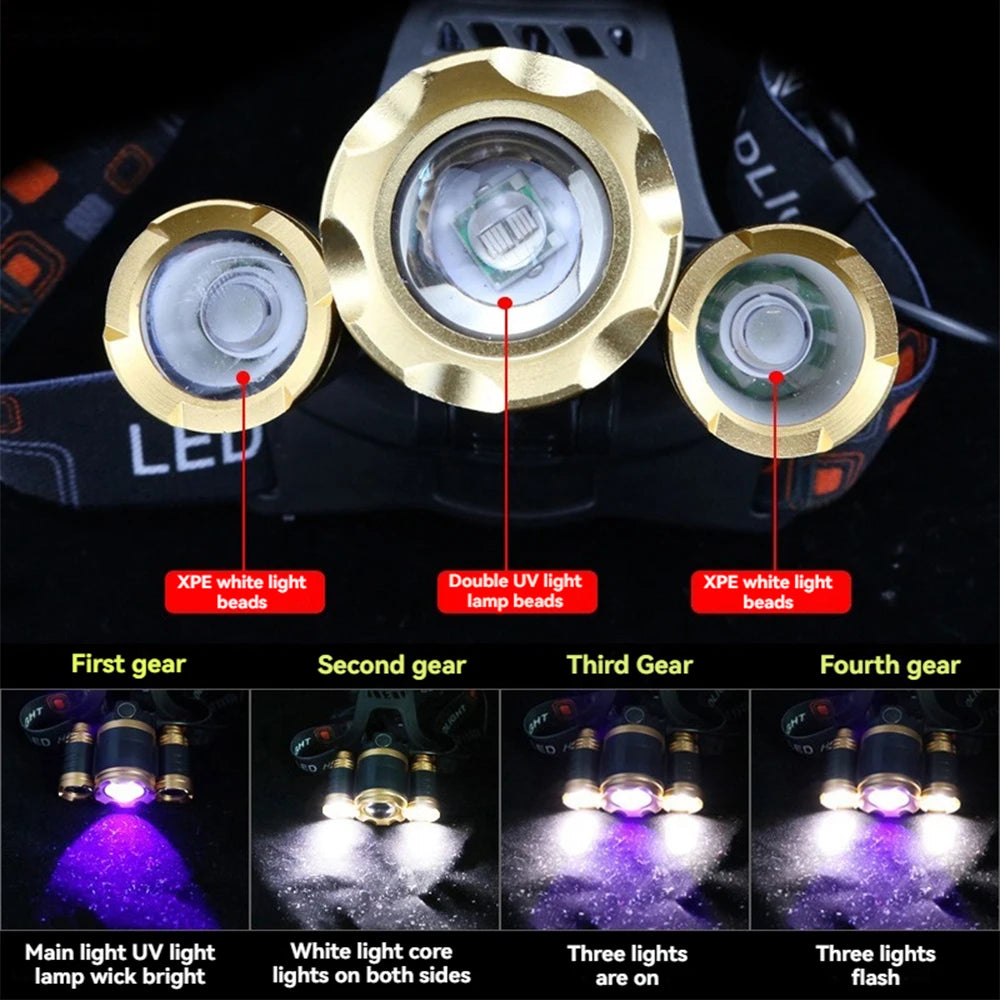 lampe frontale uv led rechargeable extensible multi mode or rouge verte