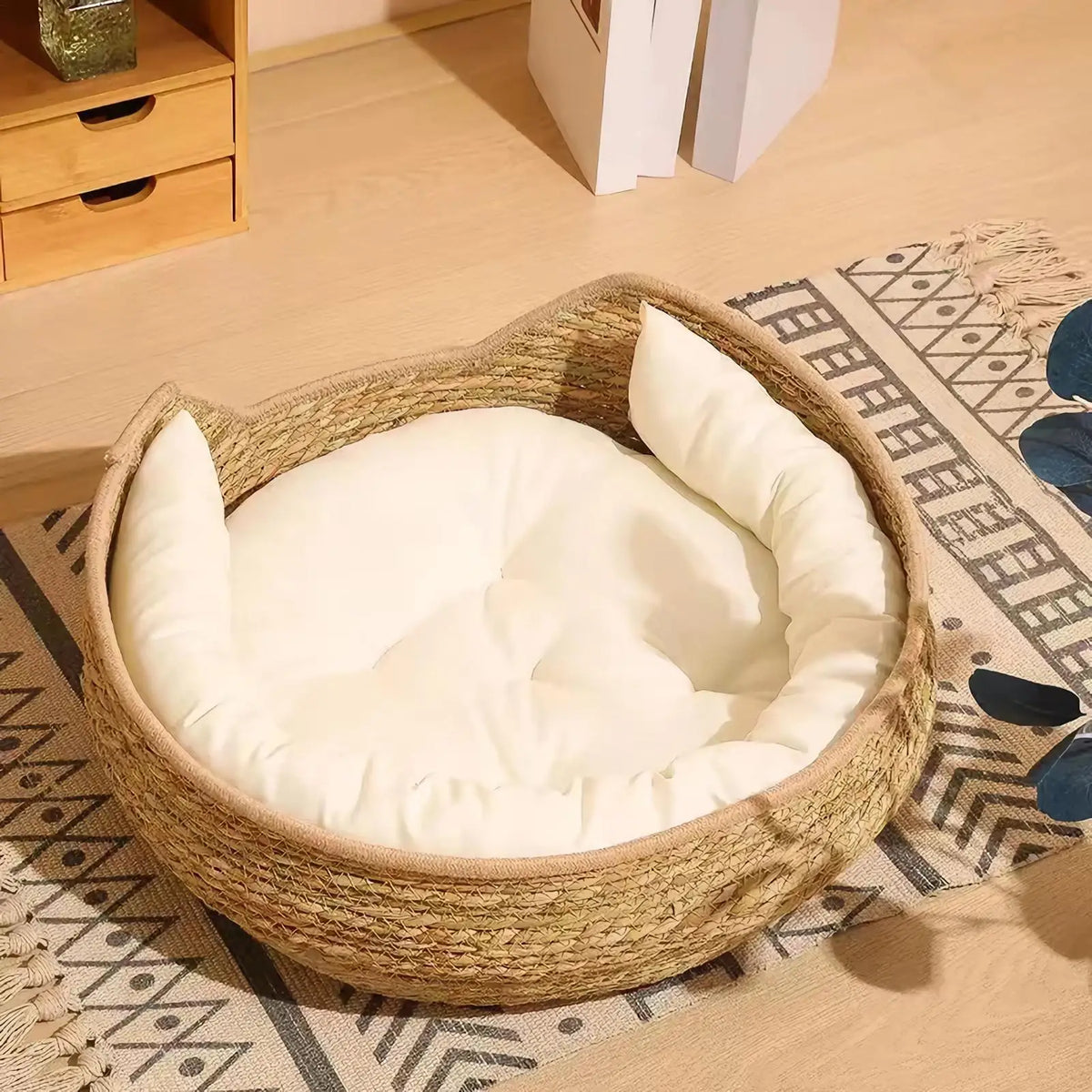 lit chat tressé nid moelleux coussin oreillers beige blanc rustique bohèmeintérieur