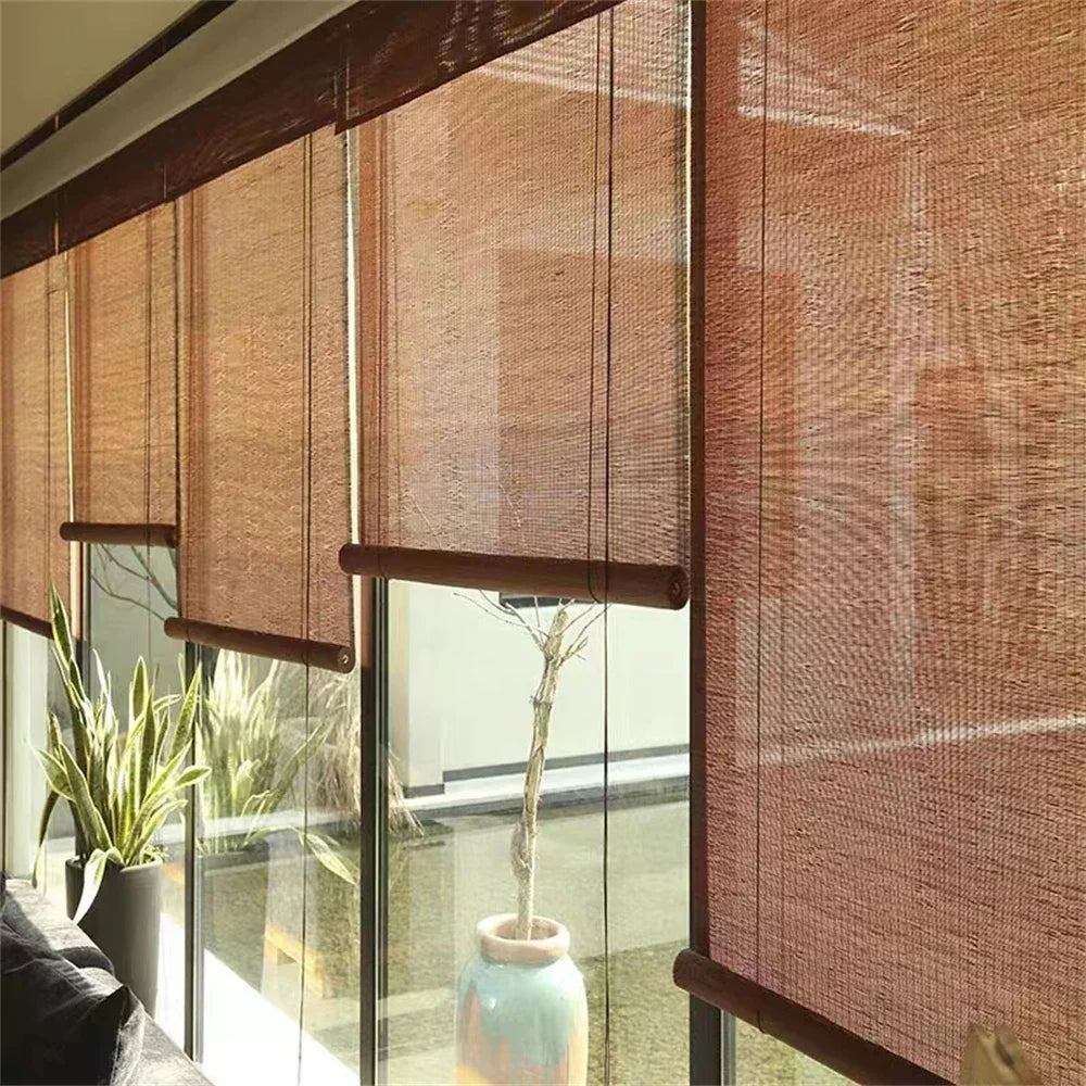 store bambou naturel rayures horizontales traditionnel clips métalliques cordelette tirage balcon jardin rustic