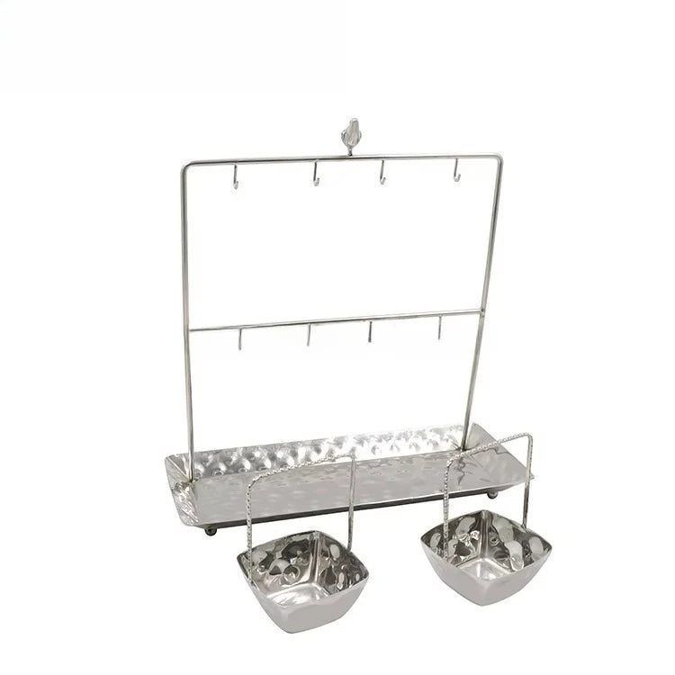 support fruits argenté moderne paniers suspendus plateau texturé décoratif oiseau