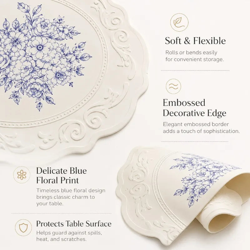 placemat silicone fleurs bleues blanc bordure embossée classique élégant imperméable cuisine table manger